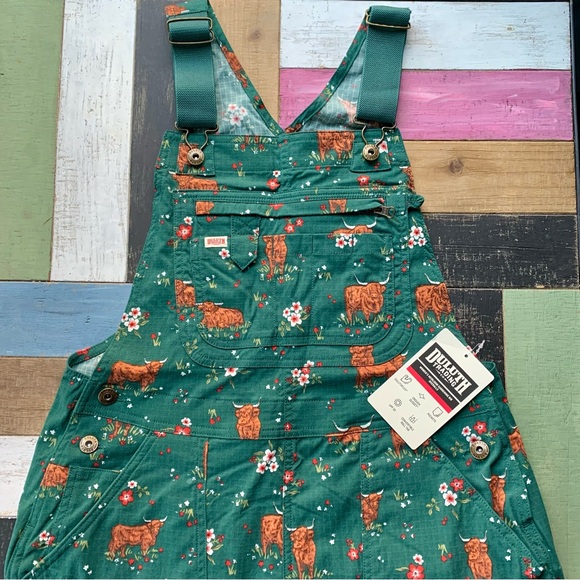 NWT Duluth Small x29” Heirloom Gardening Overalls Peninsula Green Highland Cow - Picture 3 of 8